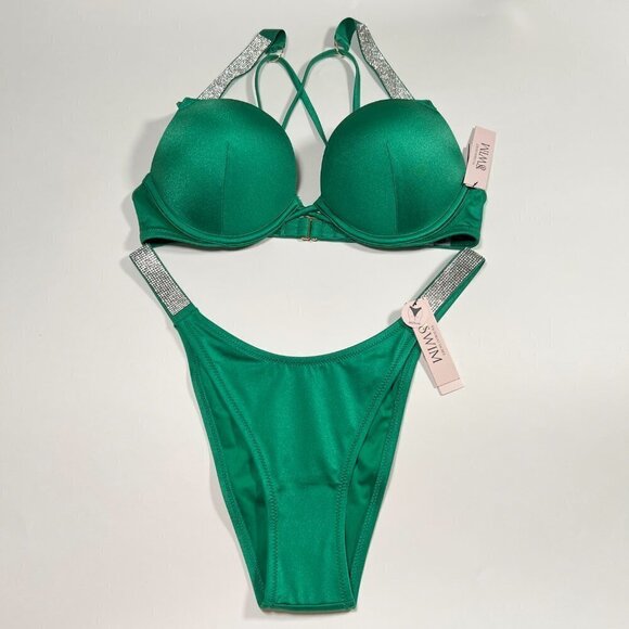 Victoria Secret 34DD M Bombshell Push Up Bikini Top Bottom Set Shine Strap Green - Picture 1 of 8